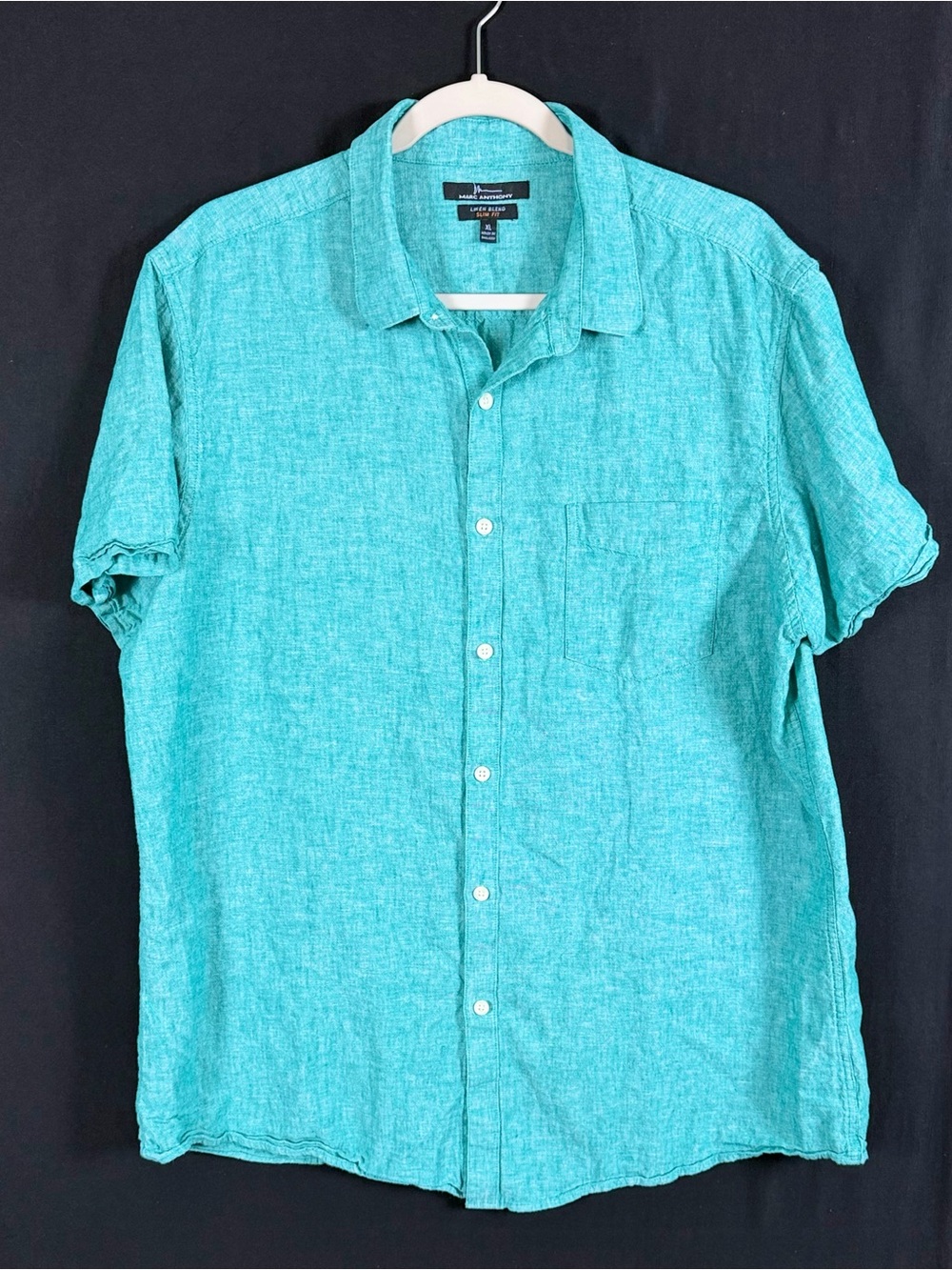 Marc Anthony Turquoise Short-Sleeve Linen Cotton Button-Down Shirt Slim fit